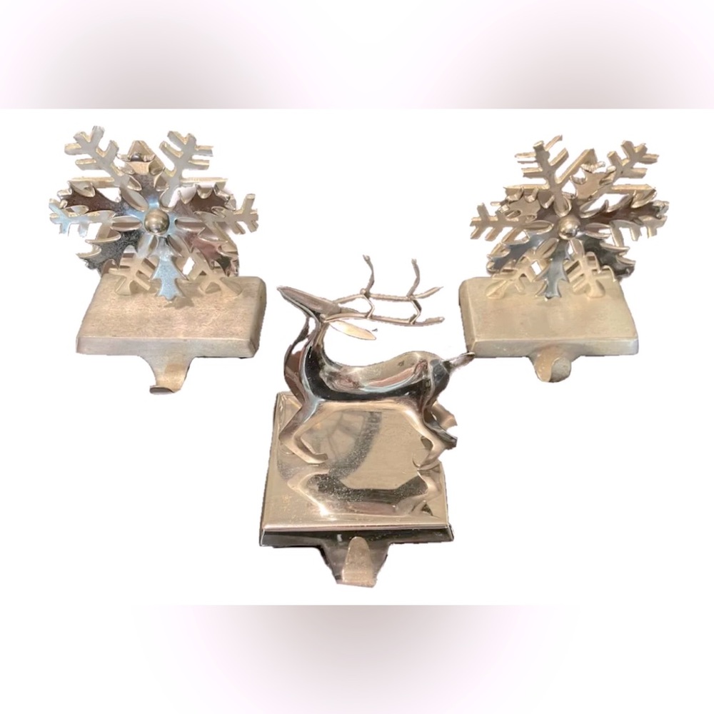 Christmas Stocking Holder 3pc Set with Reindeer and Snowflakes - Silver Finish